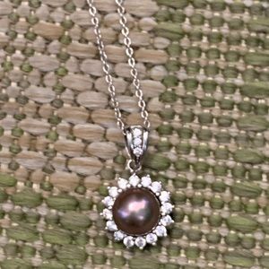 CAH Peacock Color Pearl Necklace Charm w/ 16 Cubic Zirconias Starburst 18” .925